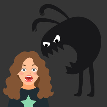 Scared girl, kids fear and monster silhouette vector illustration. Scared girl and monster ghost