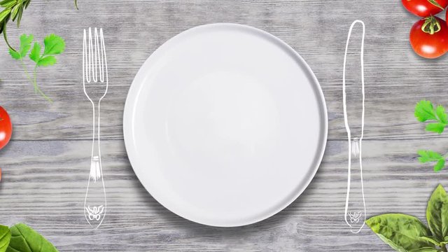 Porcelain plate with animated motion graphics elements, Restaurant menu concept