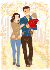 Color vector illustration of smiling family outing in fall park