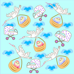 Storks breang babies seamless pattern.