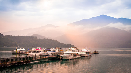 Fototapeta premium Sun Moon Lake, Nantou, Taiwan, Landscape View of Sun Moon Lake at morning.