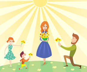 Flat vector illustration of family with flowers on woman day