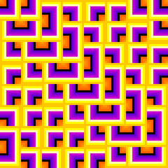 Orange, yellow and purple background with squares. Optical illusion of movement. Seamless pattern.