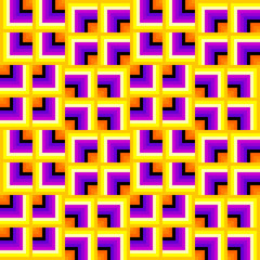 Orange, yellow and purple background with squares. Spin illusion. Seamless pattern.