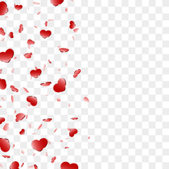 Heart frame isolated white background. Red hearts fall confetti border. Abstract heart-shape design love card, wedding romantic poster. Pattern greeting, Valentine day decoration. Vector illustration