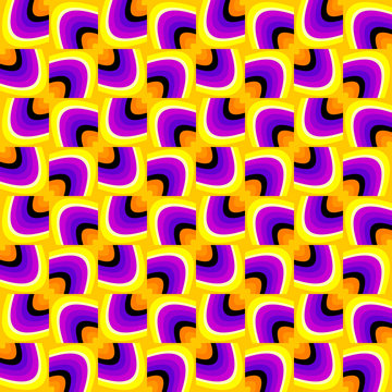 Yellow and purple background with ovals. Motion illusion. Seamless pattern.