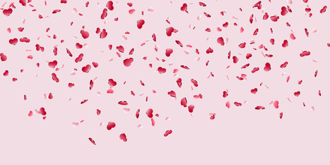 Fototapeta na wymiar Heart falling confetti isolated pink background. Red fall hearts. Valentine day decoration. Love element design, hearts-shape confetti invitation wedding card, romantic holiday. Vector illustration