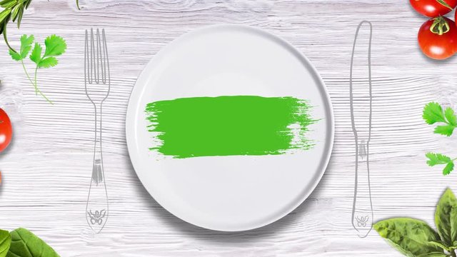 Porcelain plate with animated motion graphics elements, Restaurant menu concept