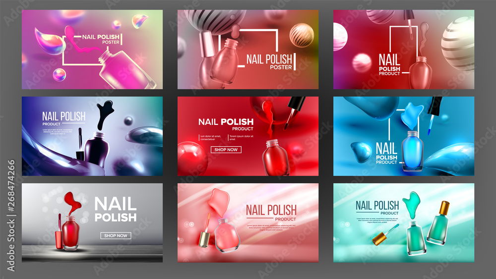 Wall mural multicolored nail polish bottle banner set vector. collection of different design poster with glassy