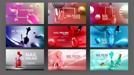 Multicolored Nail Polish Bottle Banner Set Vector. Collection Of Different Design Poster With Glassy Vial, Nailbrushes And Color Lacquer For Nail Care. Woman Glamour Accessory 3d Illustration