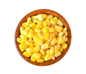sweet corn seeds in wood bowl on white background
