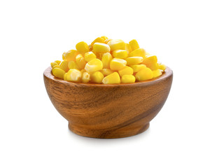 sweet corn seeds in wood bowl on white background
