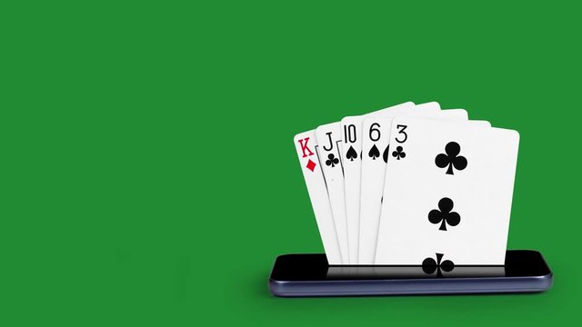 smartphone with poker cards, card game High card, poker cards that come from the cell phone screen, with Luma key