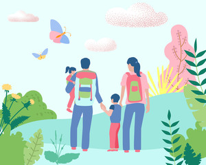 Hello summer. Family with kids spend vacations outdoors.