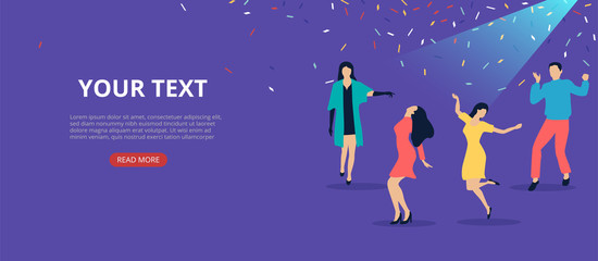 Party festive poster with people and confetti. Flat style design.