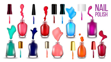 Collection Bottles With Nail Polish Set Vector. Assortment Of Closed And Opened Glassy Flasks, Bright Multicolor Blots And Brushes Accessories For Make Beautiful Nail. 3d Illustration