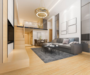3d rendering white wood living room near bedroom upstair