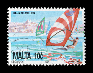 Cancelled postage stamp printed by Malta, that shows Wind Surfing, circa 1991. 