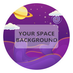 Vector space background, planets, clouds, galaxy, cosmos, violet and purple background. Space banner, greeting card.