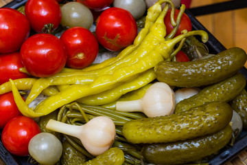 Pickled vegetables, cucumber tomatoes asparagus and garlic cabbage