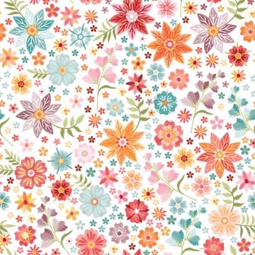 Embroidery seamless pattern. Beautiful colorful flowers on white background. Summer fashion print.