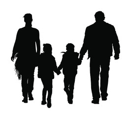 happy young family holding hands vector silhouette illustration isolated on background. Fathers day. Father and mother with children. Mom and dad with daughter and son. people silhouette, girl and boy