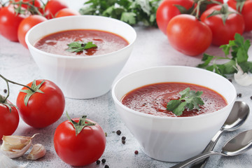 Two plates with gazpacho - traditional Spanish tomato soup