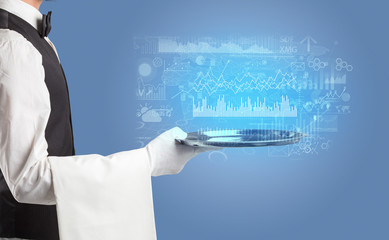 Waiter serving fluctuation concept and charts on a tray

