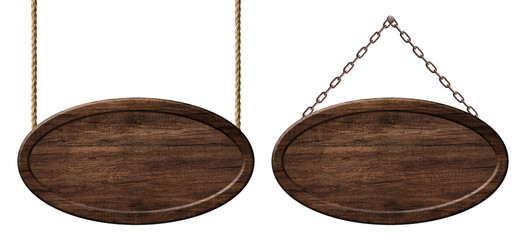 Oval wooden board made of dark wood hanging on ropes and chains