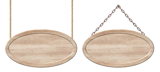 Oval wooden board made of light wood hanging on ropes and chains