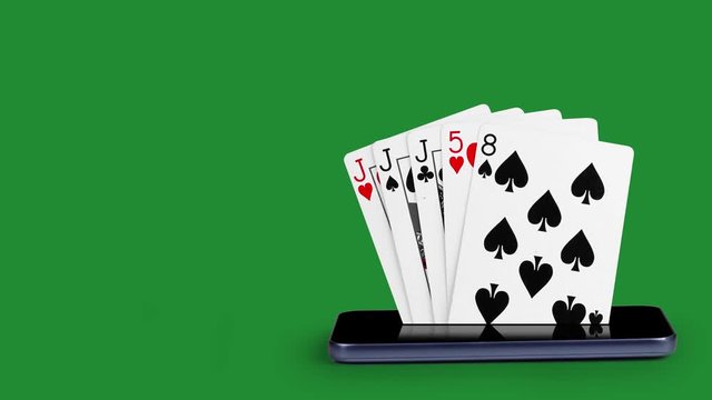 smartphone with poker cards, card game Trio, poker cards that come from the cell phone screen, with luma key