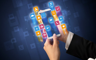 Female hand using smartphone with colorful angular fast switching application icons around