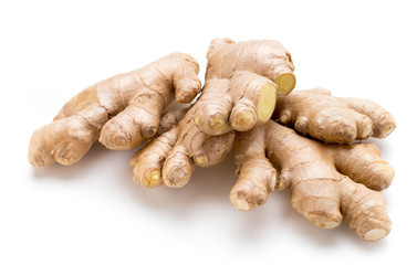 Ginger bio and lemon on white background.
