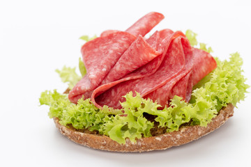Sandwich with salami sausage on white background.
