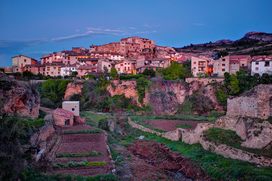 Huerta and Beceite village at dusk. Spain