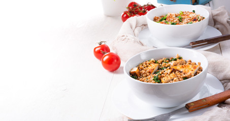 Kaszotto- polish food from buckwheat  with grilled chicken