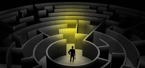 Businessman can not decide which entrance to chose in a middle of a dark maze
