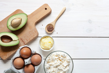 Keto food: eggs, avocado, butter, nuts, cream, berries. Healthy fats.