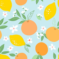 Seamless pattern with lemons and oranges, tropic fruits, leaves, flowers. Fruit repeated background. Plant template for cover, fabric, textile, wallpaper.  - 268484853