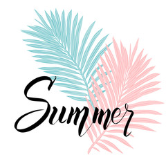 Summer poster with tropical palm leaf and handwriting lettering. 