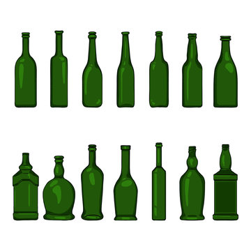 Vector Set of Cartoon Empty Green Glass Bottles Illustrations