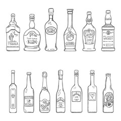 Fototapeta na wymiar Vector Set of Sketch Alcohol Drinks Bottles