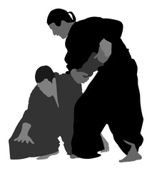 Fight between two aikido fighters vector illustration. Sparring on training action. Self defense, defence art exercising concept. Sparing duel between opponents. Martial skills.