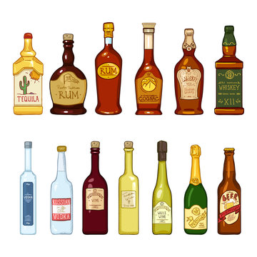 Vector Set of Cartoon Alcohol Drinks Glass Bottles Illustrations