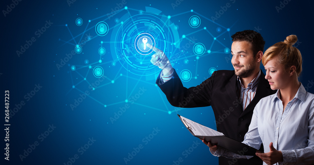 Poster Man touching hologram screen displaying keys and locks