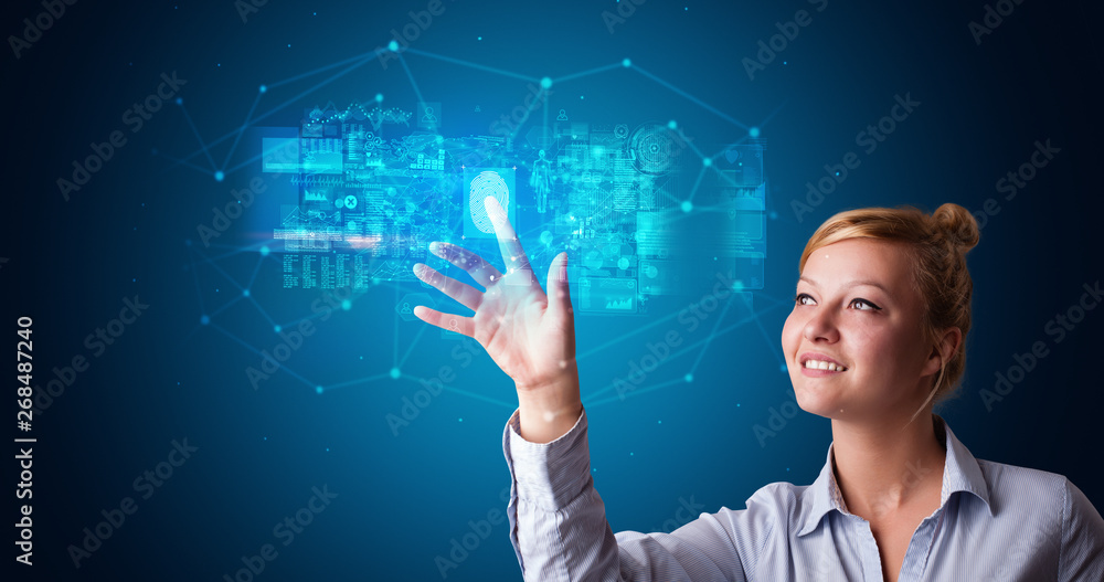 Poster woman accessing modern hologram personal database with fingerprint identification