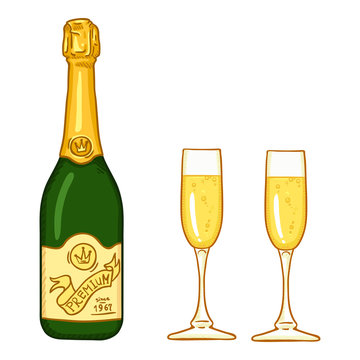 Vector Cartoon Illustration - Champagne Bottle and Two Glasses