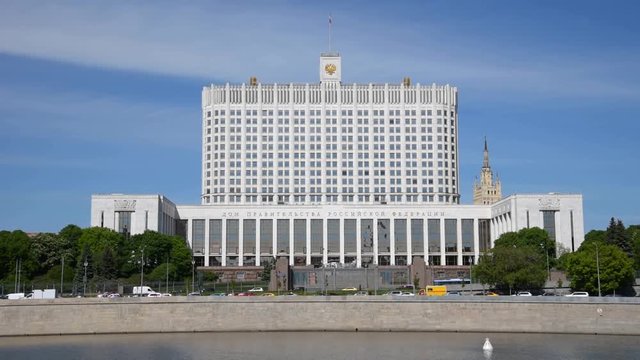 House of the Government of the Russian Federation on a sunny day - view from the embankment of the Moscow River