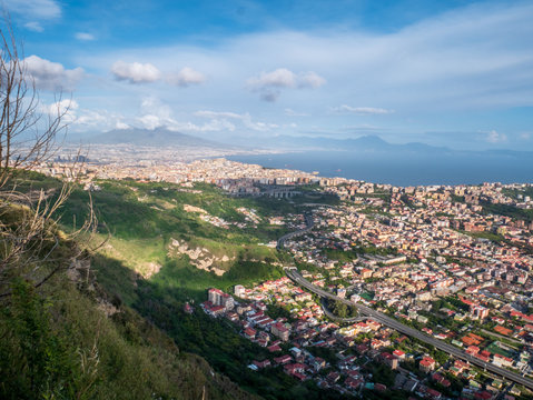 Naples, Campania, Italy: panorama of Naples from the hermitage of the Camaldoli with Vesuvio (Vesuvius) in background
