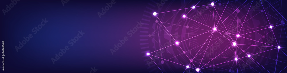 Fototapete Website header or banner design with abstract geometric background and connecting dots and lines. Global network connection. Digital technology with plexus background and space for your text.